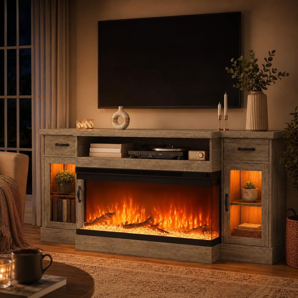 Storage & Organization - 70-Zoll-Elektrokamin-TV-Ständer oder TV-Ständer für Fernseher bis
