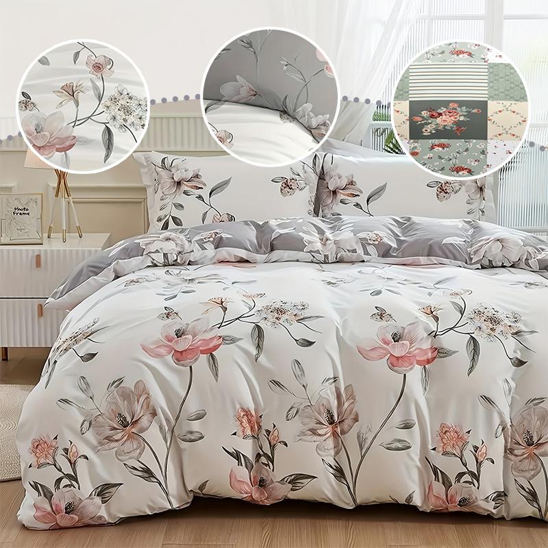 Aesthetic Floral Duvet Cover - 2/3-teiliges grünes Blumen-Bettbezug-Set in Queen-Size, doppelseitiges