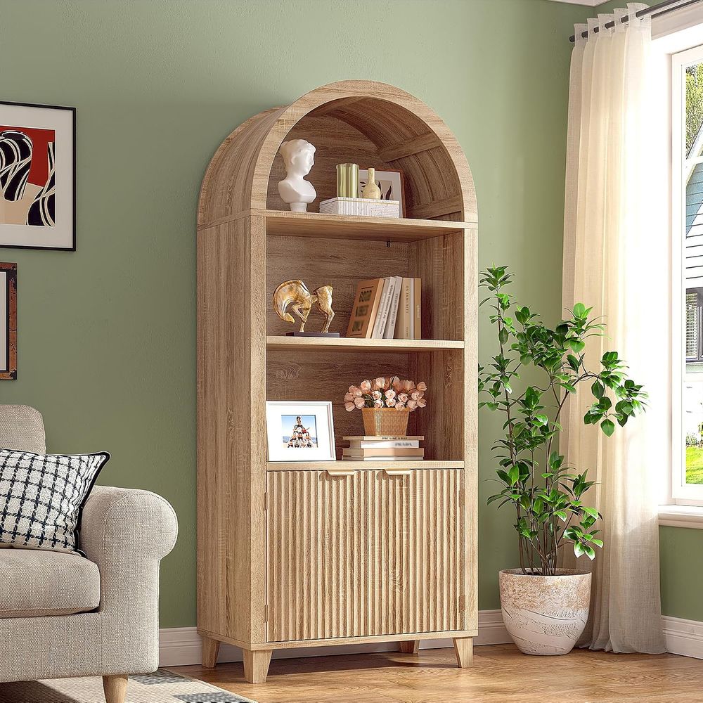 Lighting - Gewölbter Schrank, 5-stufige Aufbewahrungsregale, helle Eiche